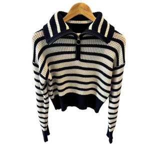 Sage + Stone Half Zip Striped Sweater S Sailor Collar Cropped Navy White Marine